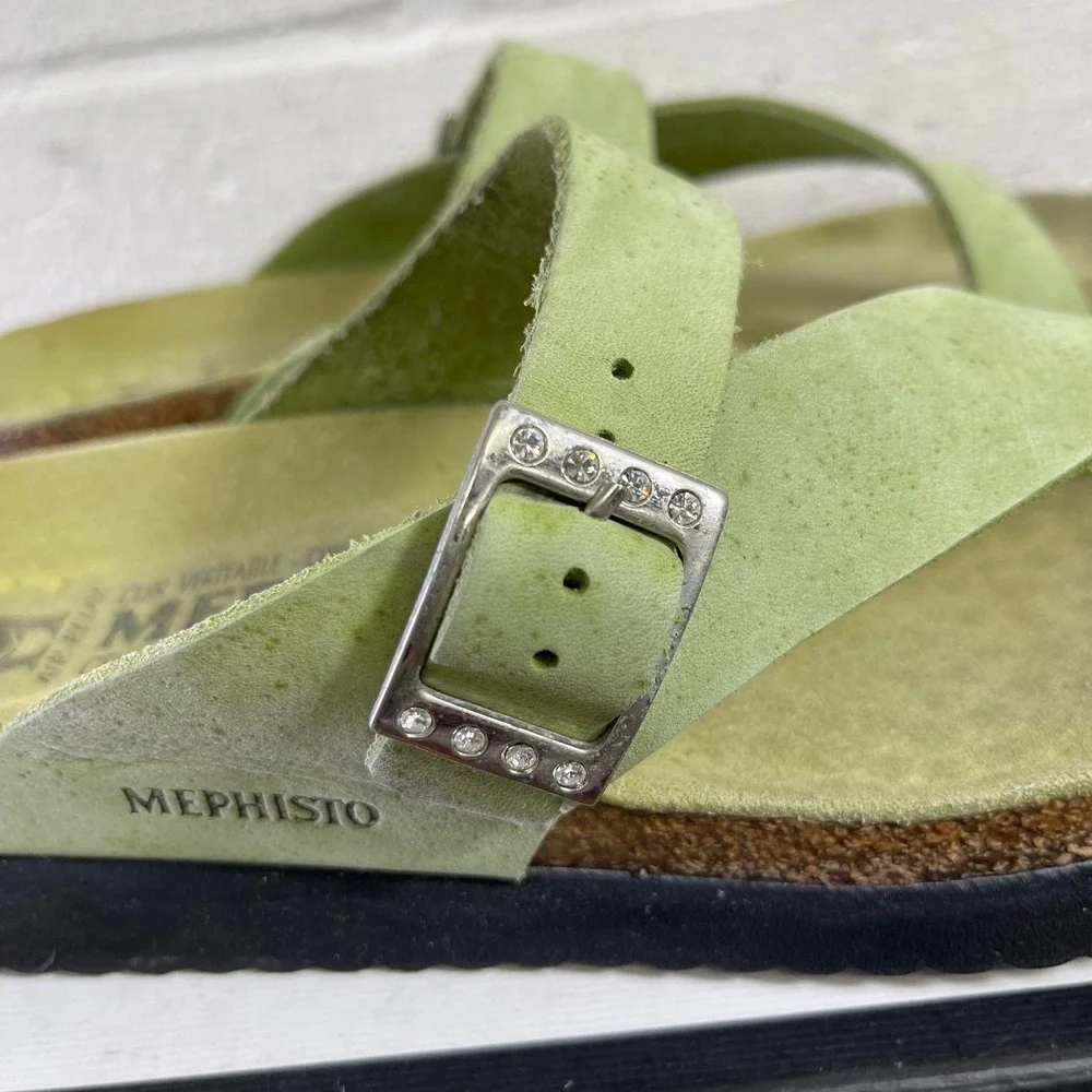 Mephisto Helen Sandals Lime Green‎ Nubuck Buckle Cork Slip On Womens 41 EU/11 US